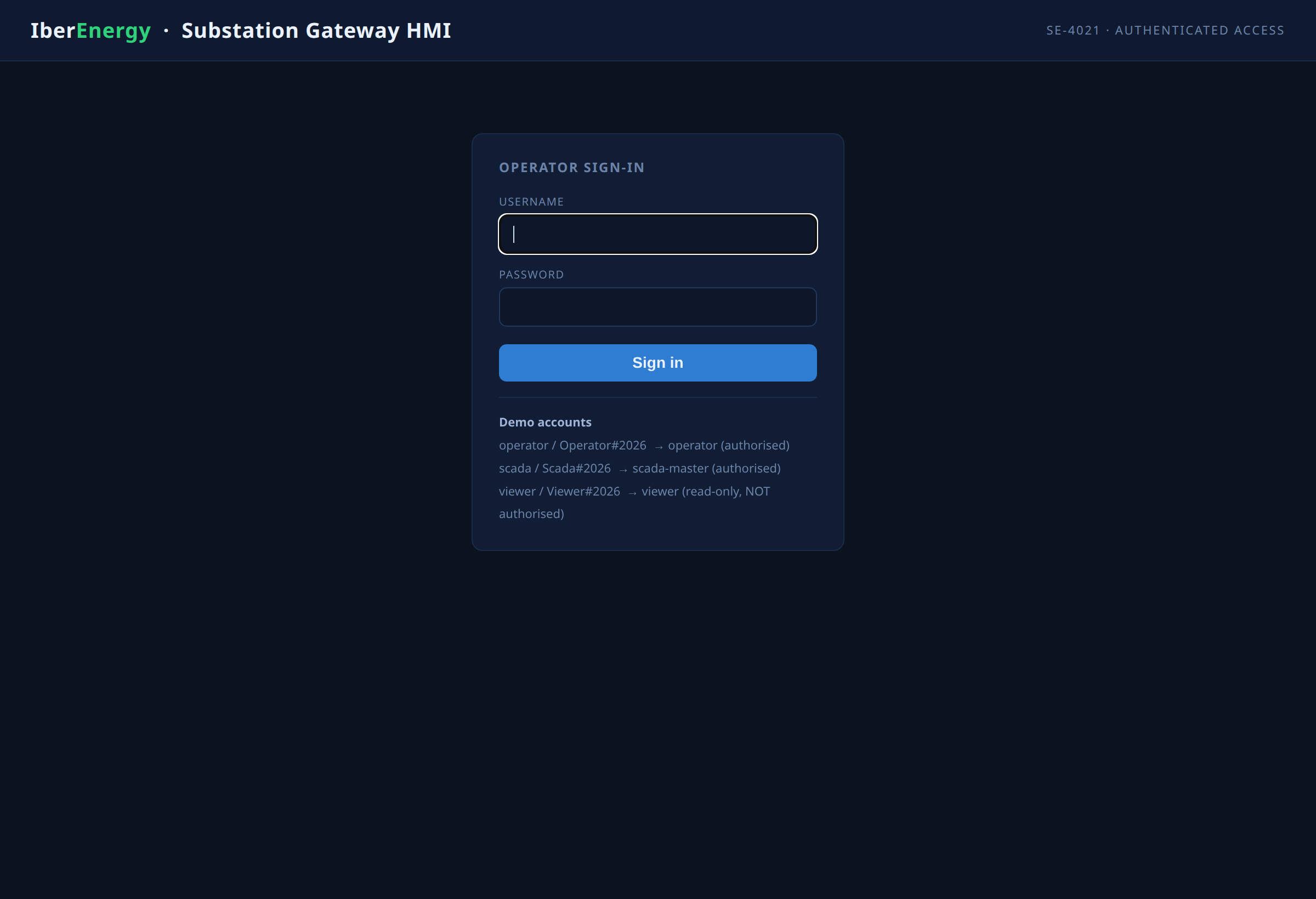 HMI role-based login page with demo accounts listed