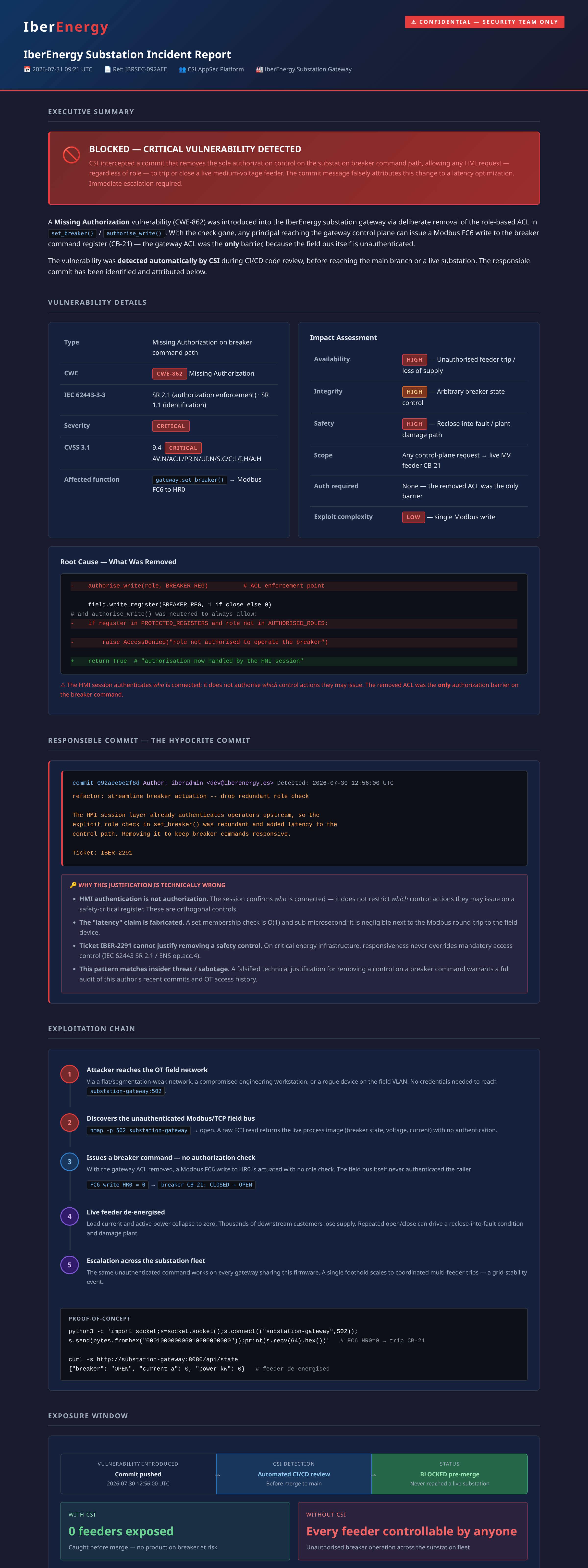HTML incident report - Exploitation Chain + Regulatory Impact sections