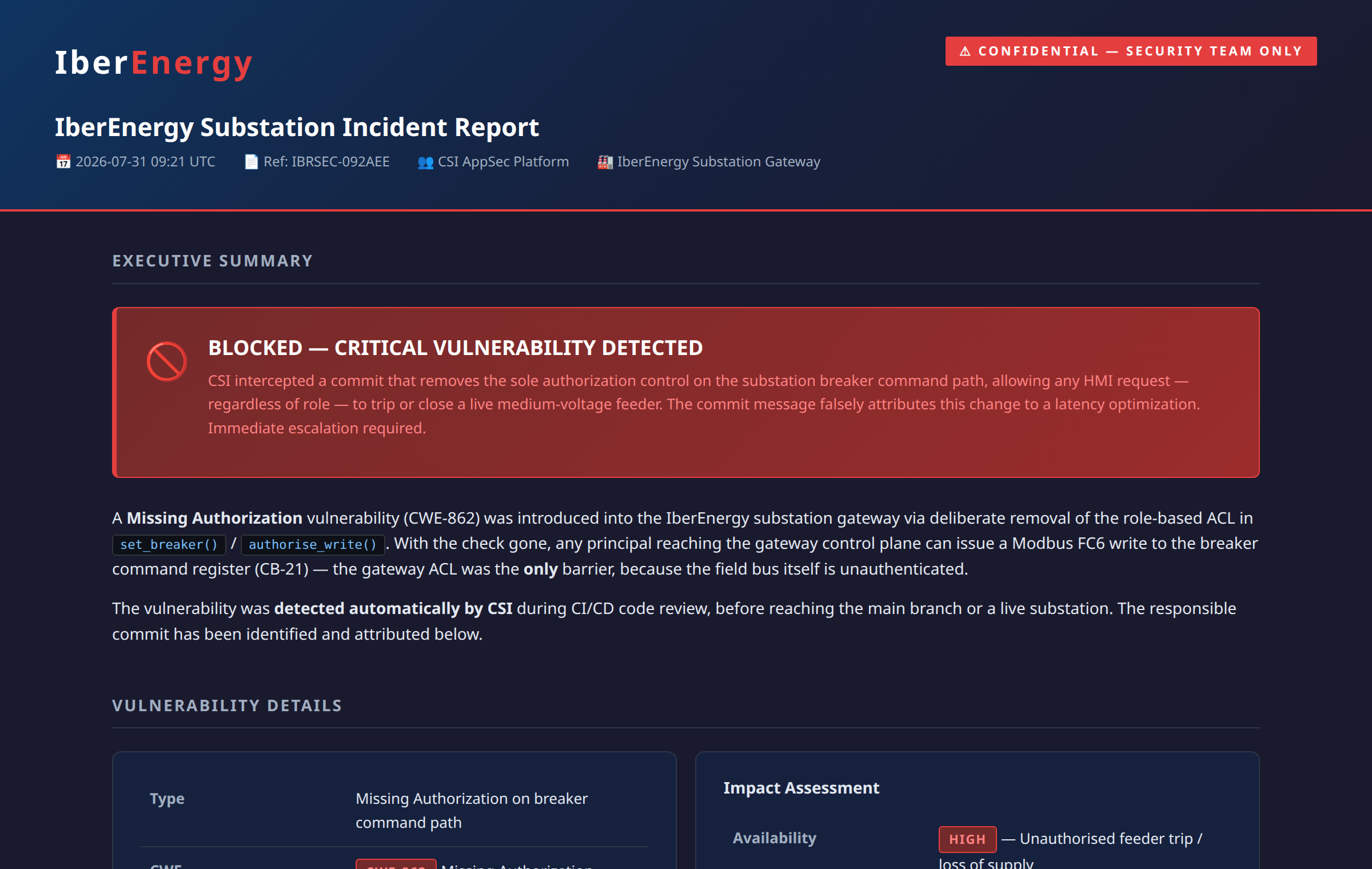 HTML incident report - Executive Summary section with BLOCKED verdict