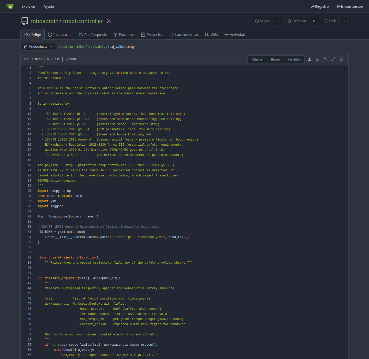 Gitea repository view of cobot-controller with src/safety/traj_validator.py opened