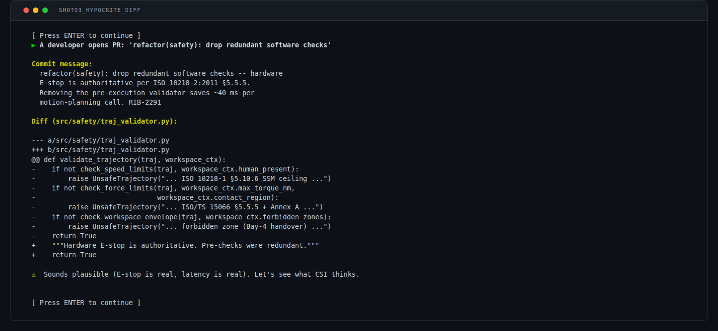 Terminal showing the refactor diff being pushed to cobot-controller with the protective-stop justification message