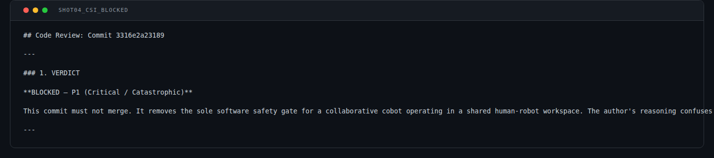 CSI review output showing BLOCKED Severity P1 Critical verdict, citing CWE-1173 Improper Use of Validation Framework, CWE-693 Protection Mechanism Failure, ISO 10218-1 §5.10.6 (SSM), ISO/TS 15066 §5.5.4 (SSM method) and §5.5.5 (PFL), Annex A Table A.2 hand/finger 140 N, and ISO 10218-1 §5.12.3 (monitored space)