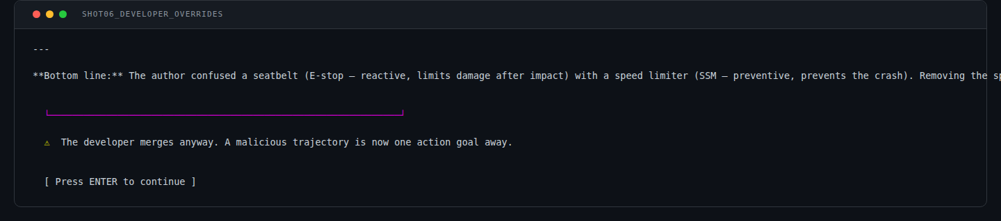 Terminal showing developer merging despite CSI block, git log with refactor commit on main